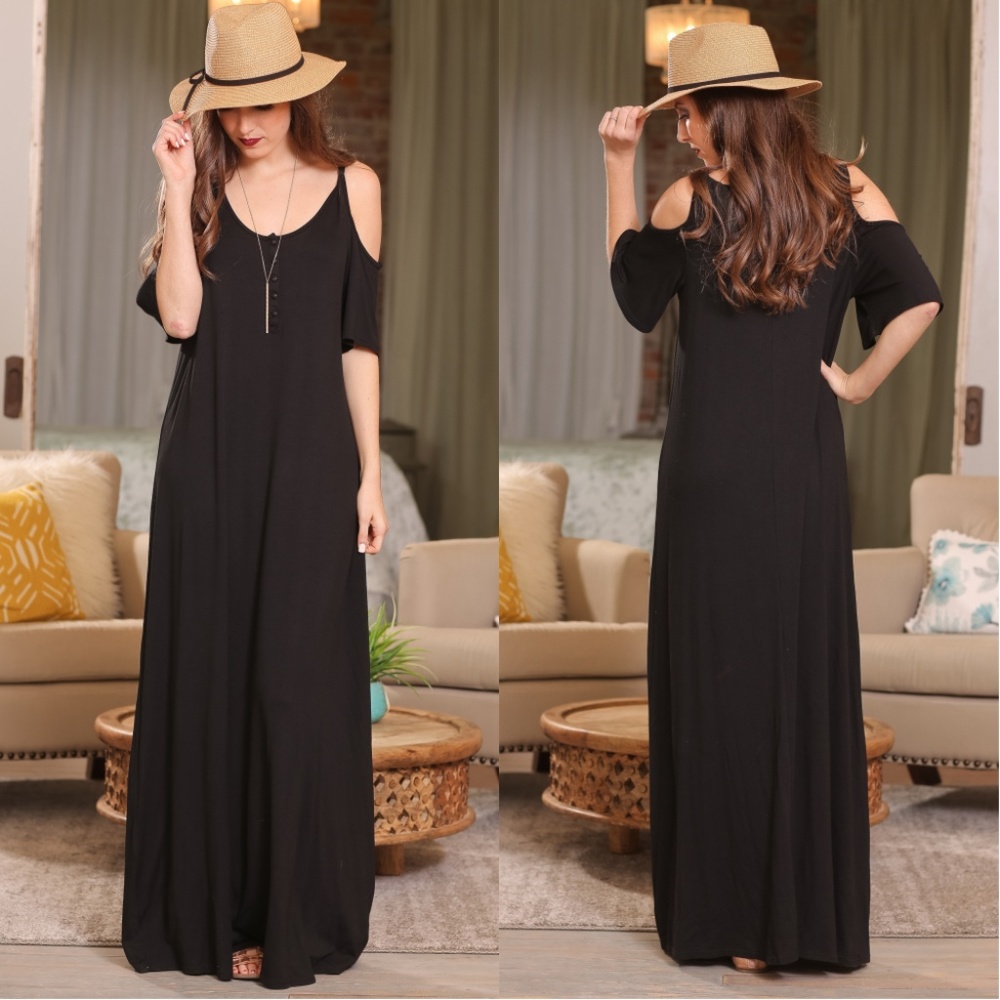 LAST ONE! Black Cold Shoulder Ruffle Maxi Dress - Picture 3 of 5